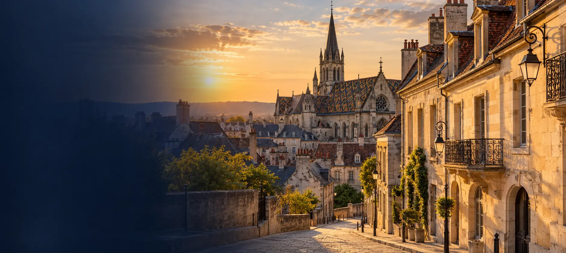 Illustration d’un quartier bourguignon au coucher du soleil