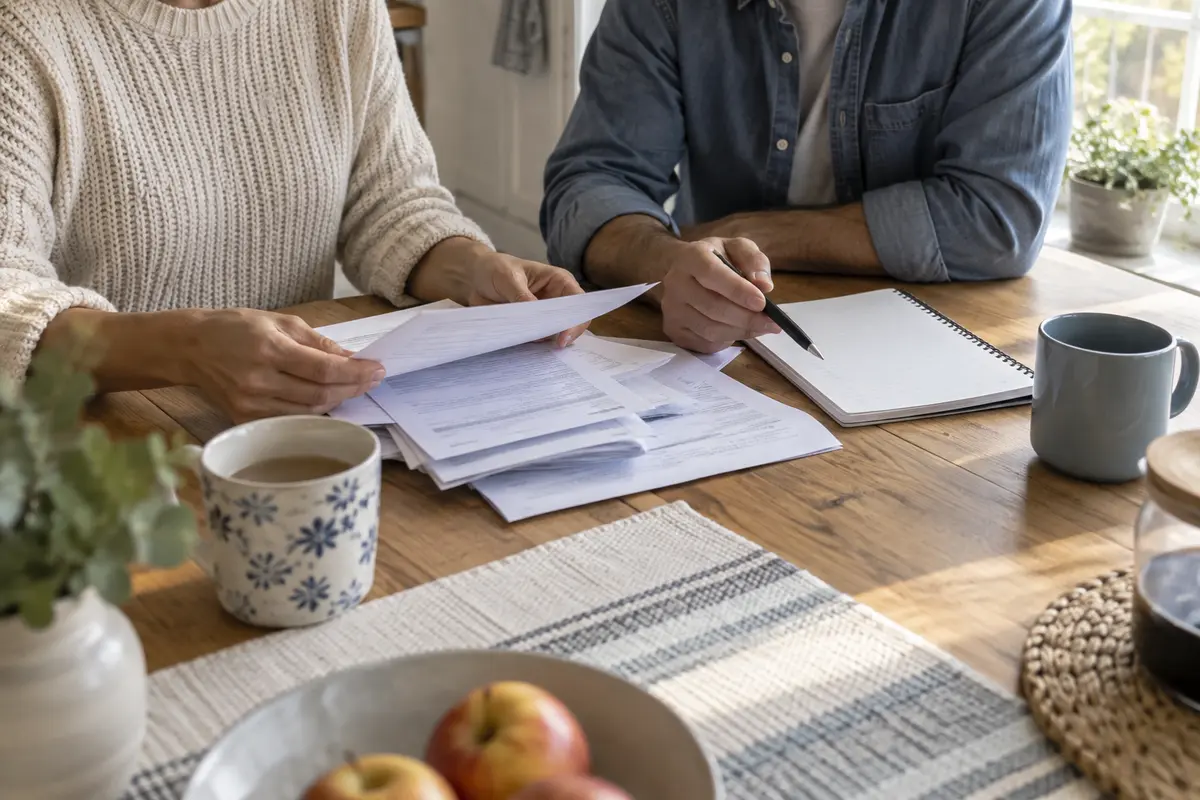 Couple examinant des documents à une table