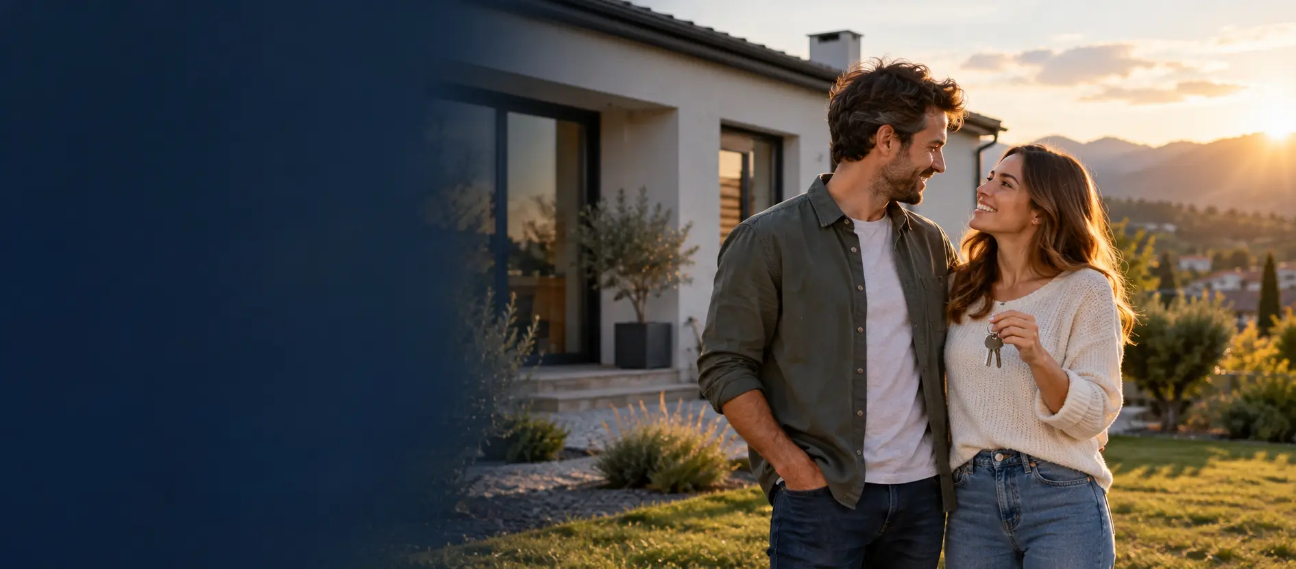 Couple devant sa nouvelle maison avec des clés