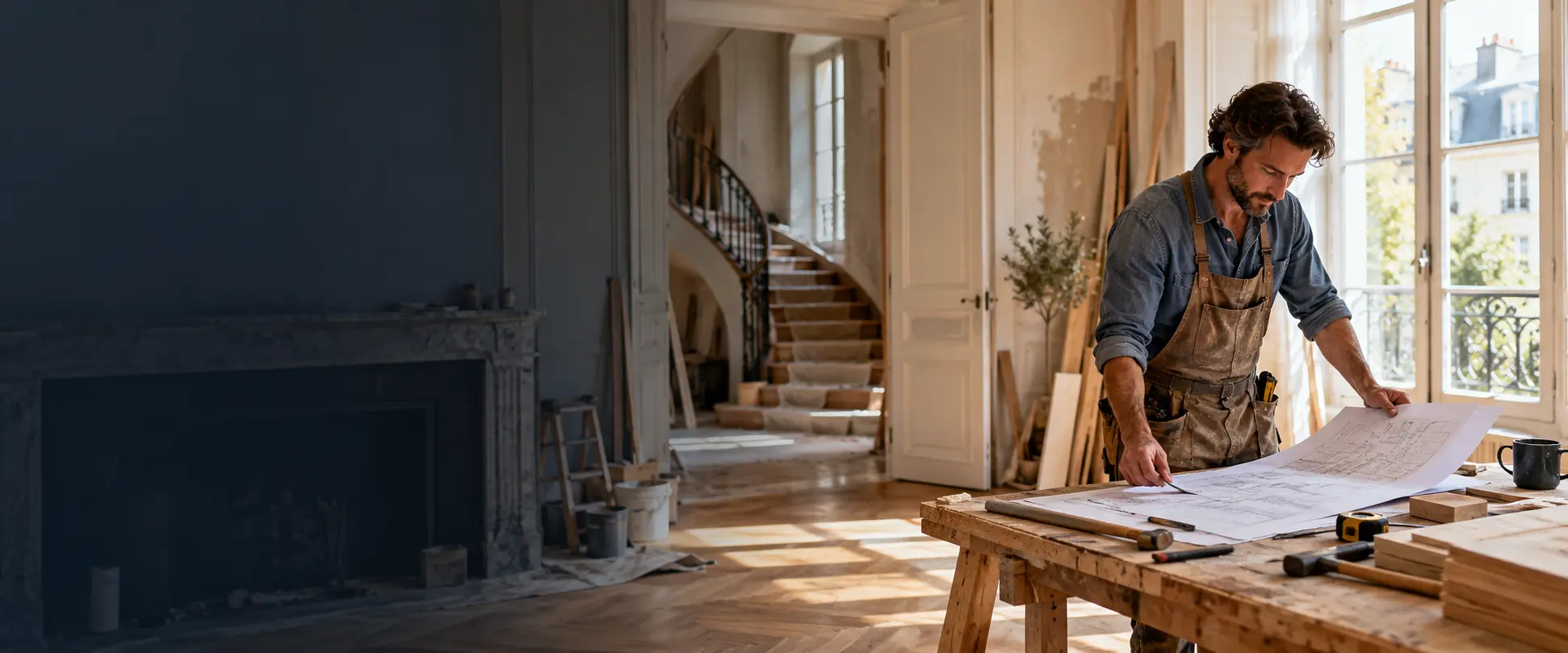 Artisan consultant des plans de rénovation dans une maison