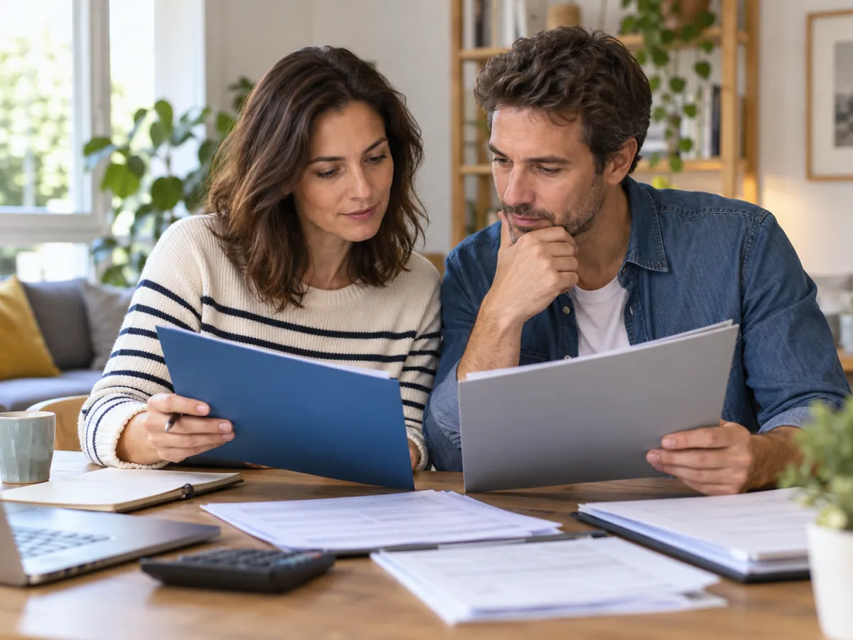 Couple comparant des contrats d’assurance
